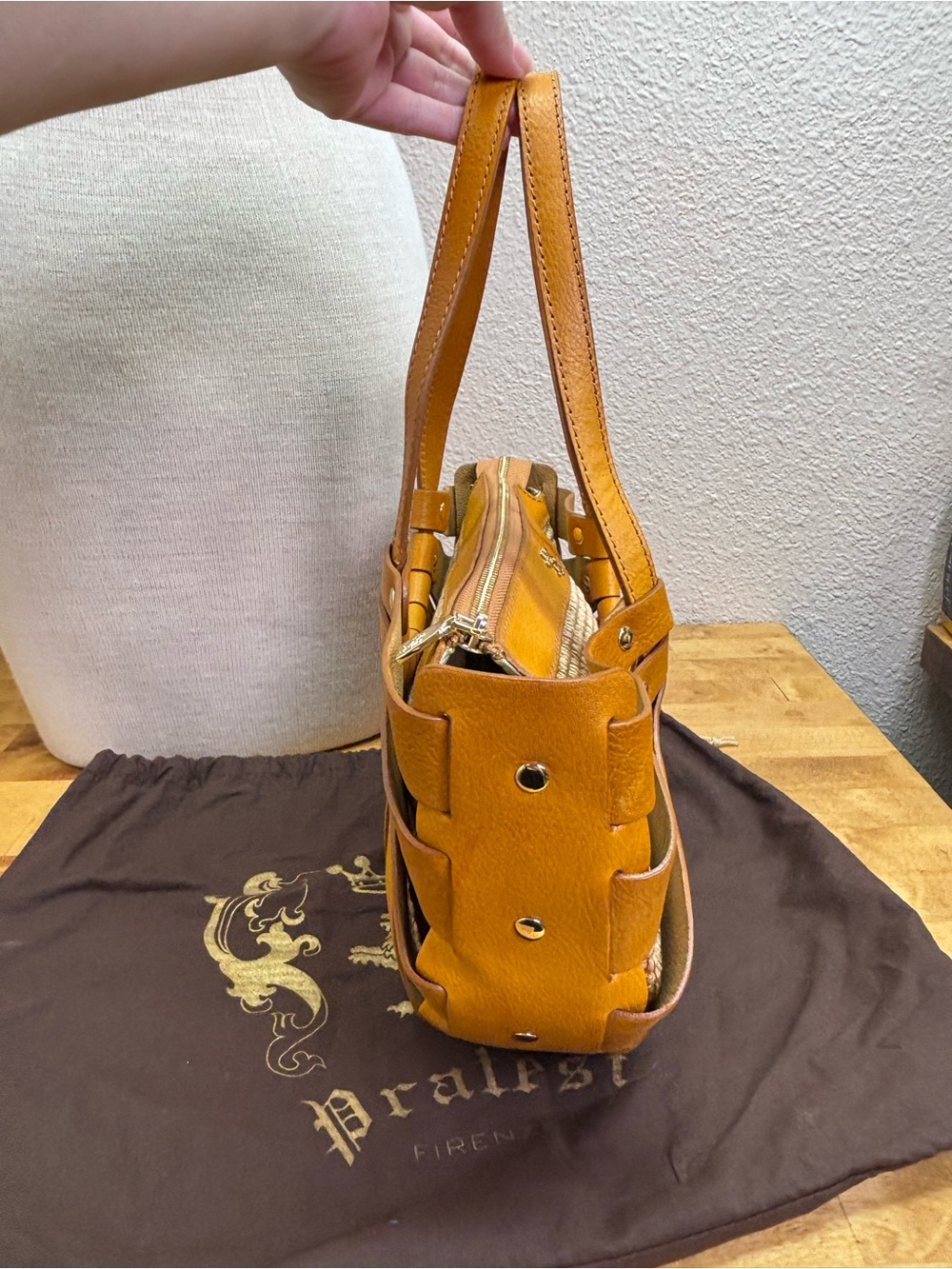 Pratesi Firenze Italian Leather Straw Fan Cage Satchel Shoulder Bag Yellow - Picture 4 of 15